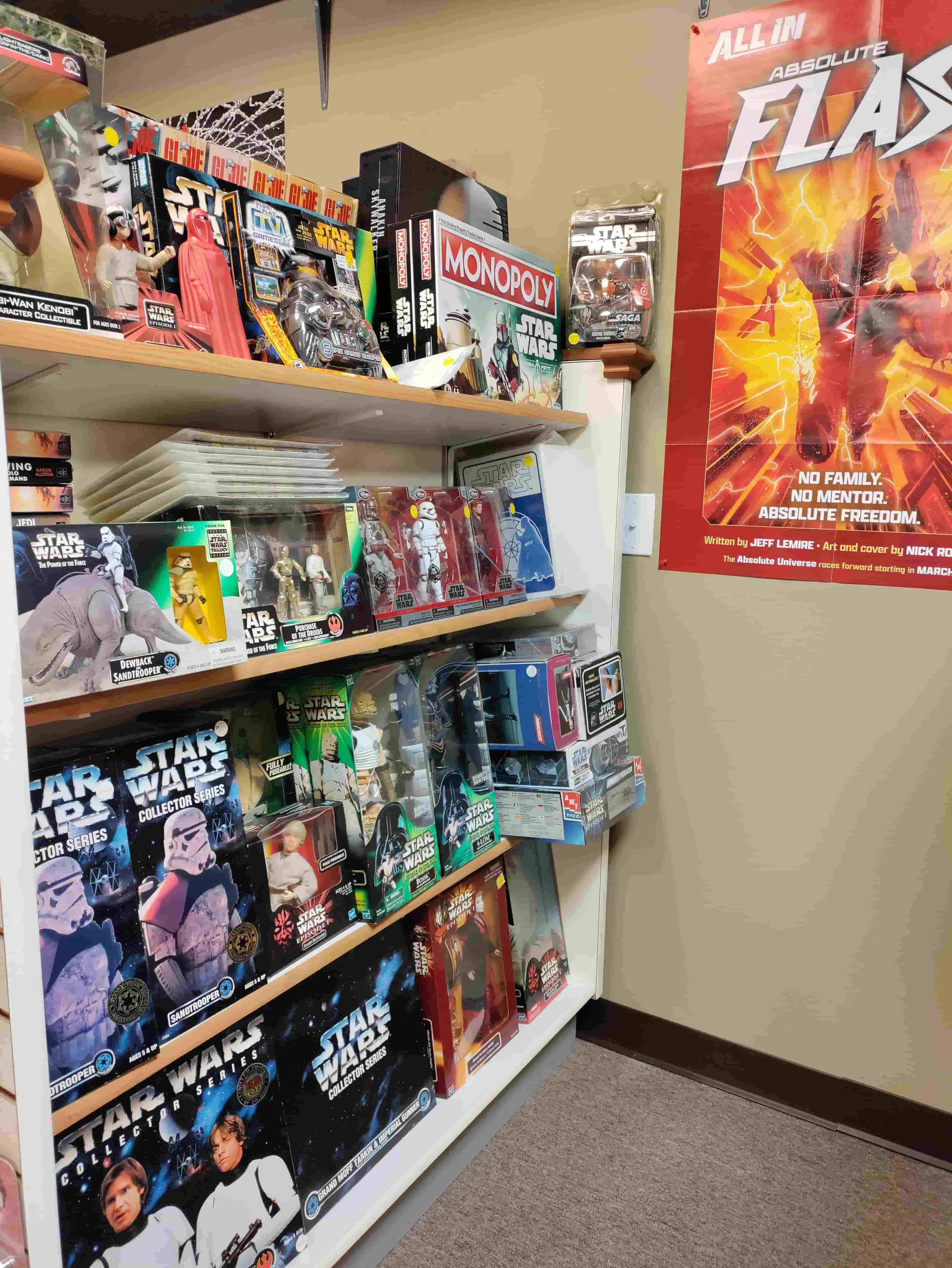 Framed comic covers on the wall